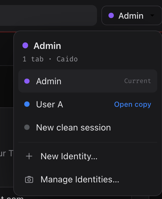 Katana identity switcher showing Admin, User A and a new clean session