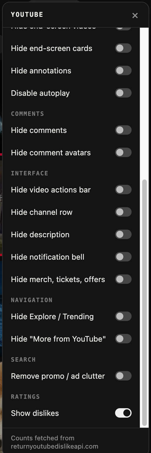 Katana's built-in YouTube panel with toggles for comments, interface, navigation and ratings
