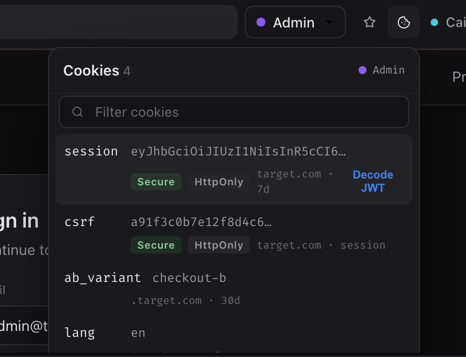Katana cookie inspector showing session state for the Admin identity