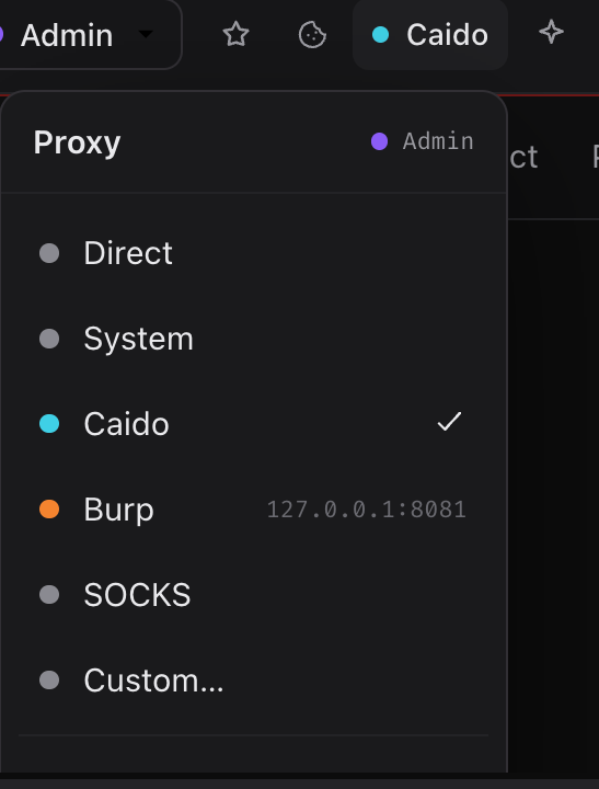 Katana proxy menu with Direct, System, Caido, Burp, SOCKS and custom upstreams