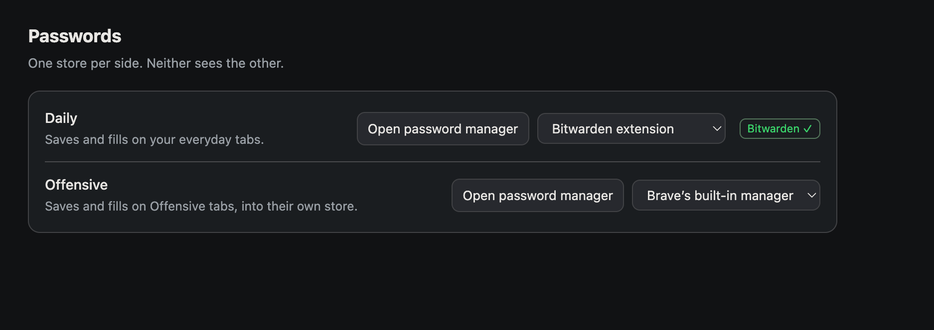 Katana's password settings showing separate Daily and Offensive stores