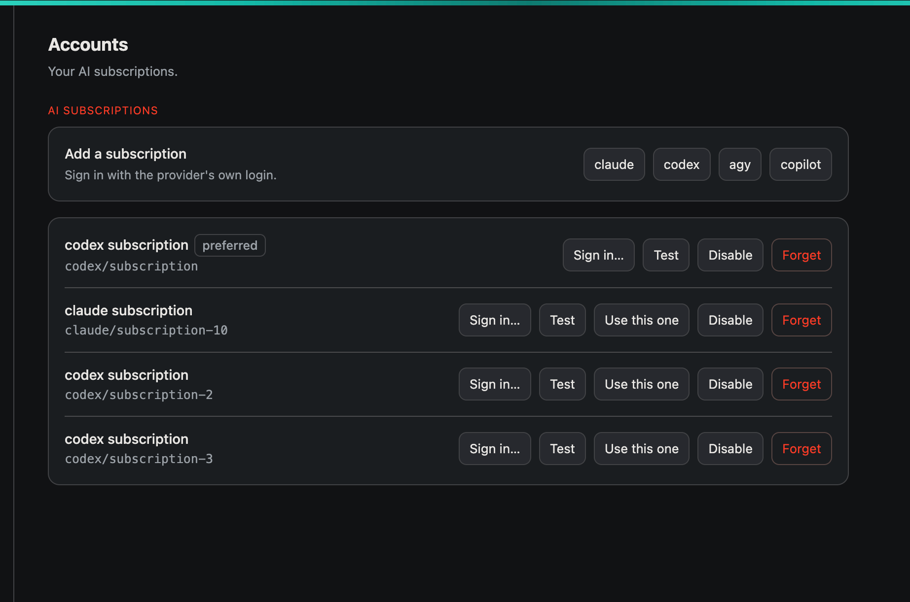 Katana's AI subscriptions panel showing connected Claude, Codex, Copilot and other providers