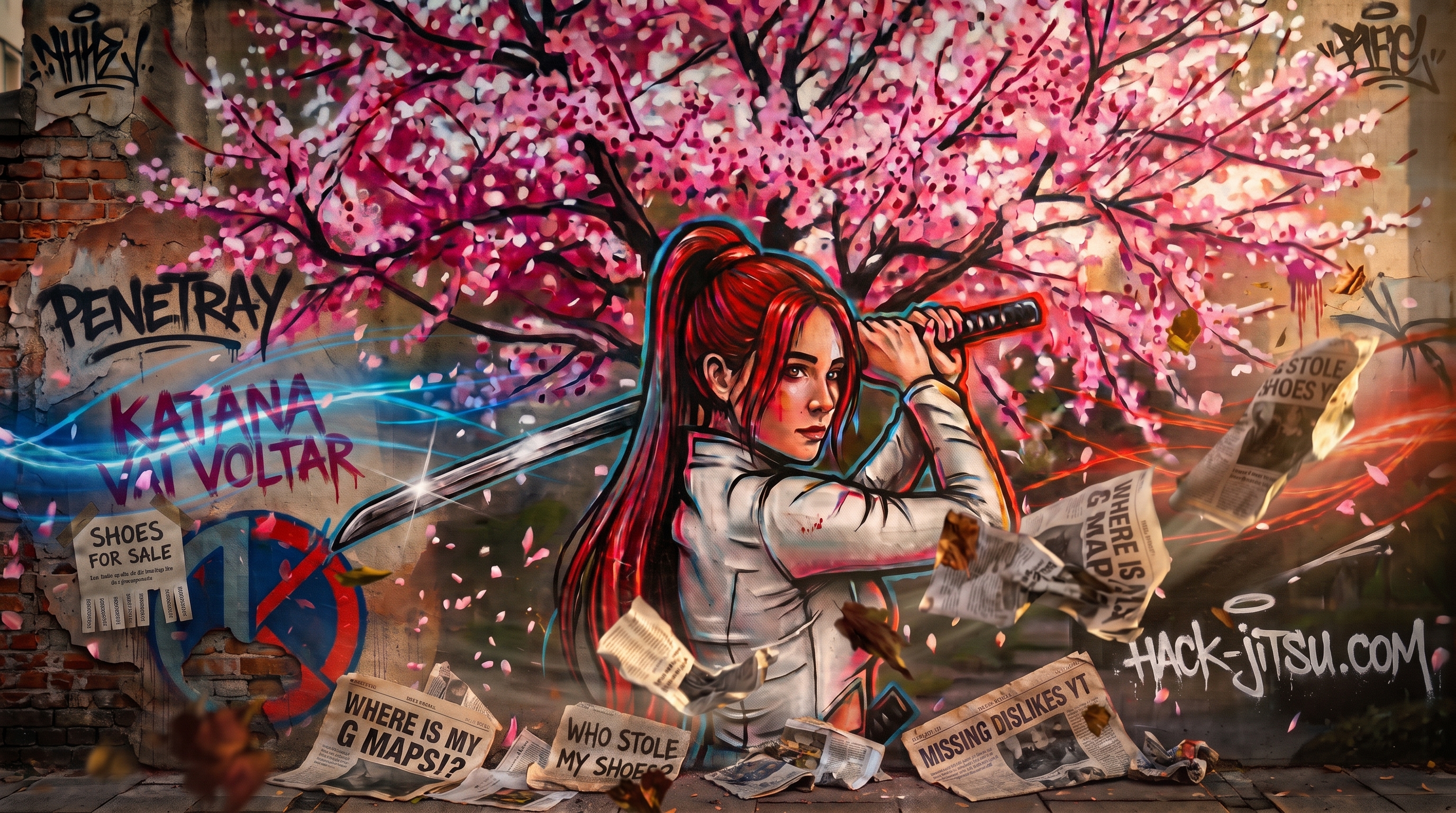 Street-art mural of the Katana character, half in cool blue tones, half in red